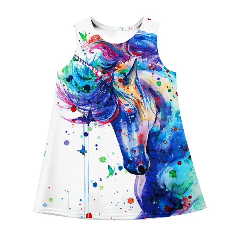 White Dress Girl Cute Cartoon Printed Unicorn Sleeveless Mini A Line Princess for Girls Kids Clothes 8 10 12 Years | Детская одежда и