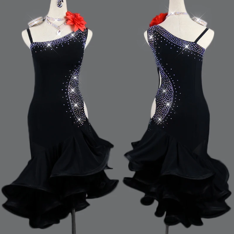 

High Grage Latin Dance Dress Women Black Lace Dance Dress Rhinestone Party Singer Professional Competitive Latin Dresses VDB133