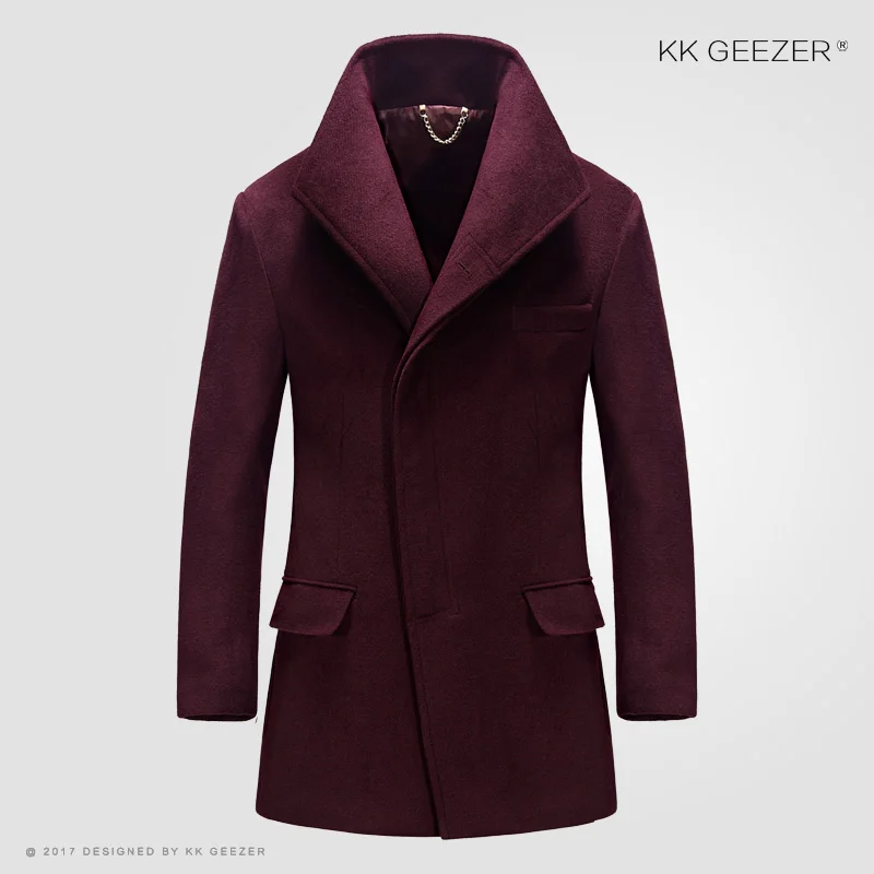 Claret Мужское пальто Зимнее шерстяное пальто Кашемировые длинные куртки Бренд Секция Шерстяное пальто Повседневная Высококачественная мужская парка Фланелевая смесь Модная дафлановая фланелевая Мандарин Деловое свадебное - Цвет: Claret