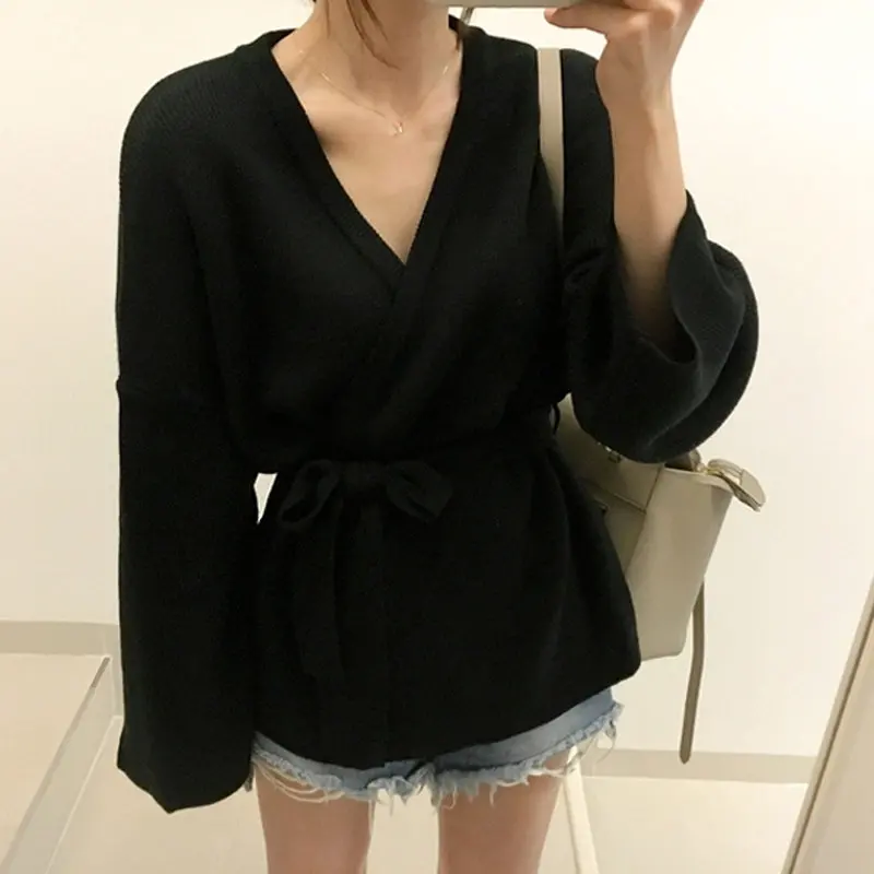 Женский вязаный кардиган с v-образным вырезом Свободный свитер длинным рукавом