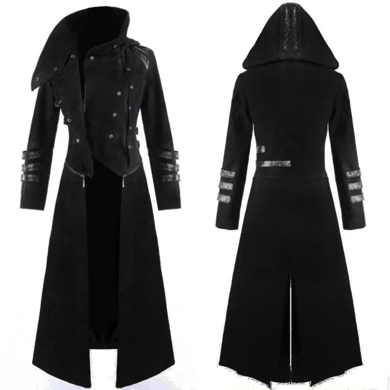 New Scorpion Mens Coat Long Jacket Gothic Steampunk Hooded Trench Medieval Cosplay costume