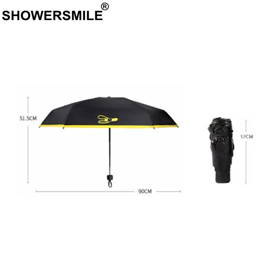 Желтый зонт SHOWERSMILE с карманом легкий складной мини-зонтик УФ-защитой черным