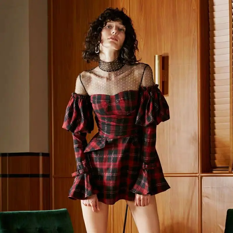 Весеннее короткое платье Летнее женское клетчатое Сетчатое Открытое