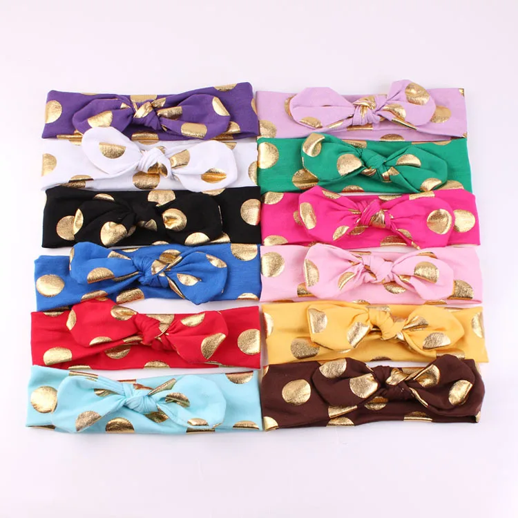 Повязка на голову в горошек для девочек теплая хлопковая ткань с бантом