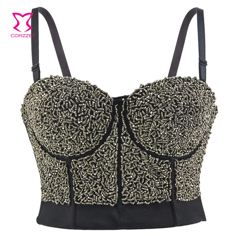 

Черный готический женский бюстье с бисером и стразами, бюстье пуш-ап, майка, сексуальное нижнее белье, бюстгальтеры, бюстгальтер для ночного...