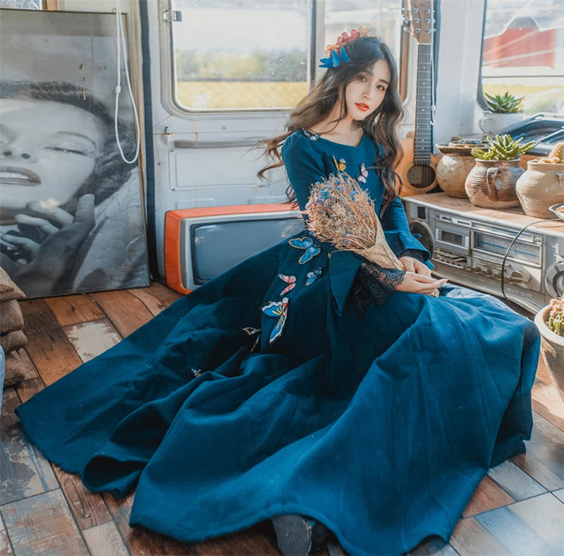 Женское шерстяное синее платье Мода 2017 Осень Зима Лотос рукав кружево Вышивка