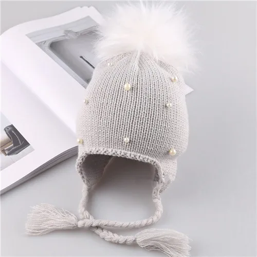 Grey S Puseky/детская зимняя шапка с меховым помпоном, шапка s bonnet enfant, вязаная шапка для маленьких мальчиков и девочек, хлопковые шапки с защитными ушами, теплая детская шапочка - Цвет: Grey S