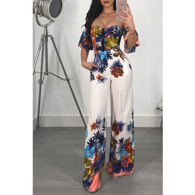 

Bohemian strapless jumpsuit women wide leg pants jumpsuits womens romper Summer high waist floral print overalls femme
