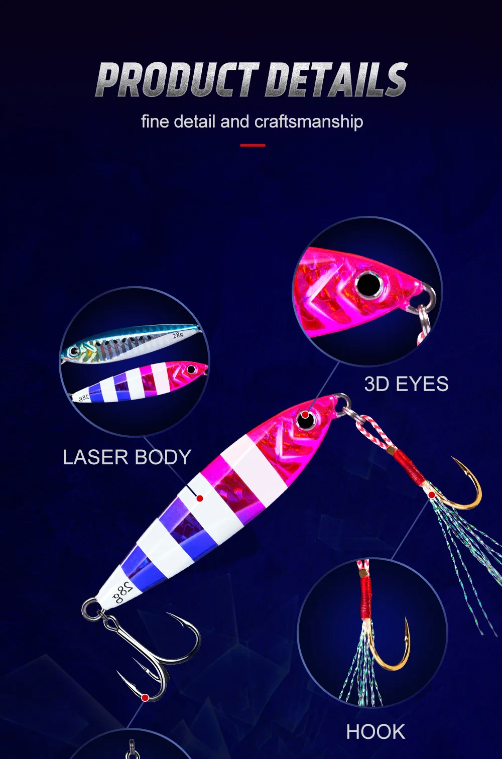Hunthouse metal jig fishing lure slow jigging lead jig bait for trolling fishing 28g 63mm CAST SLIM with PE line hook
