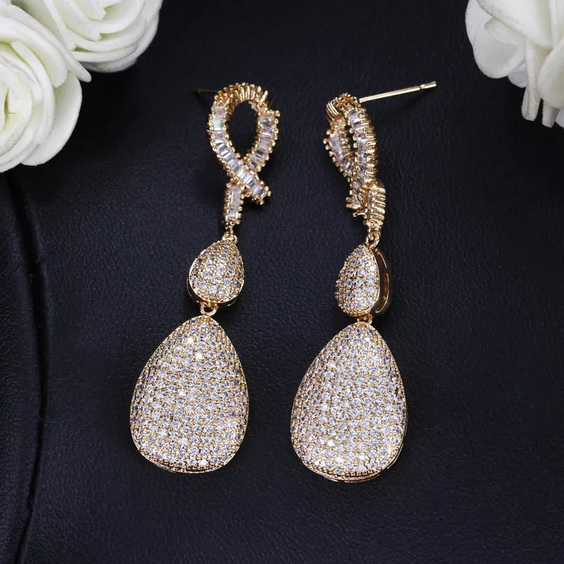 ThreeGraces Luxury African Yellow Gold Micro Pave Cubic Zirconia Sparkling Water Drop Long Earring Jewelry For Wedding ER092 | Украшения и
