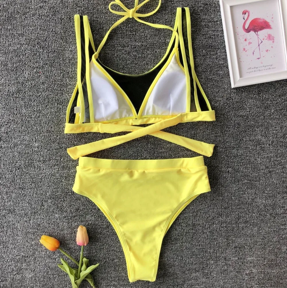 Sexy Translucent Mesh Bikini 2019 High Waist triangle Swimwear Women Solid Lace Strappy Swimsuit Femel Bathing Suit B5074 |