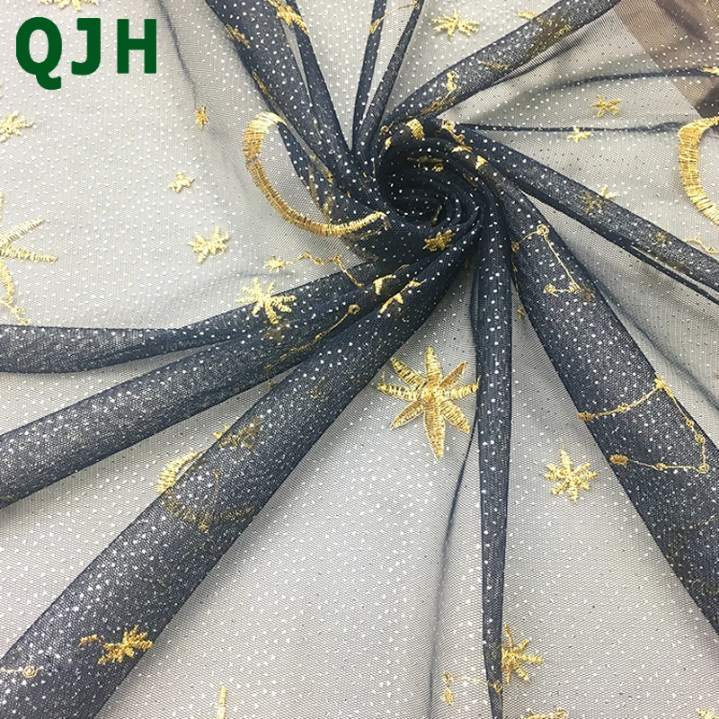 Sweet Party Starry-Sky Lace Fabric Gold Thread Embroidery Transparent Net Yarn Flash Evening Dress Handmade DIY Fabrics |