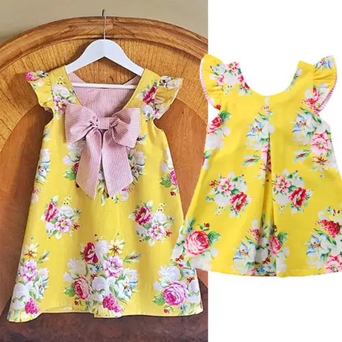 Желтое Цветочное платье принцессы для девочек летнее праздвечерние без рукавов
