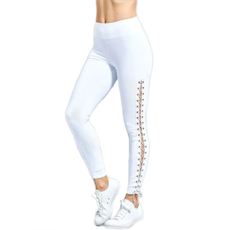 

New Women ladies fashion high waist pencil solid long leggings bandage lace up skinny fitness casual hollow long pants Trousers
