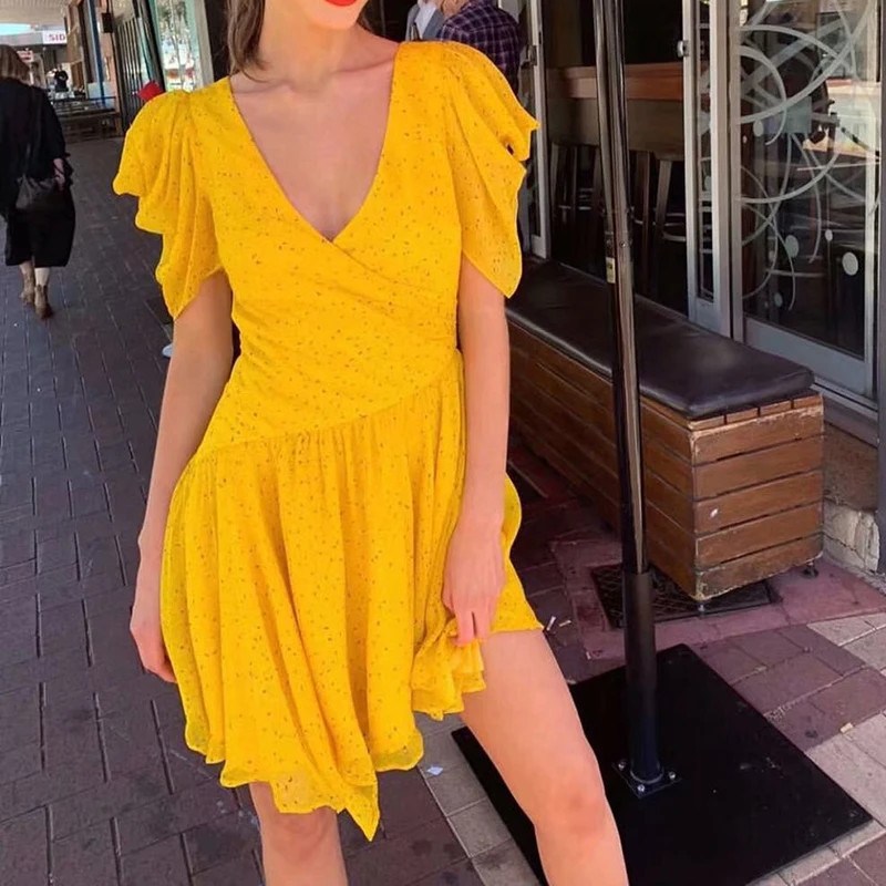 elegant yellow v neck dot print irregular summer dress 2019 women chiffon ruffles mini party female vestidos | Женская одежда