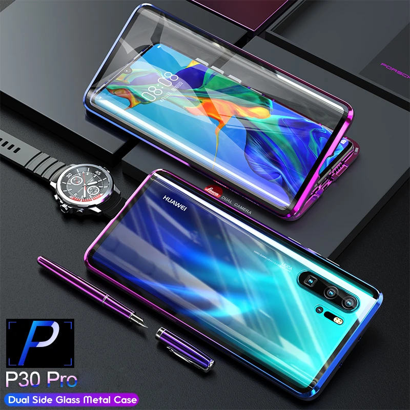 360 Защита всего тела магнитный металлический бампер для huawei P30 Pro прозрачное закаленное стекло-Броня чехол для телефона для huawei P30