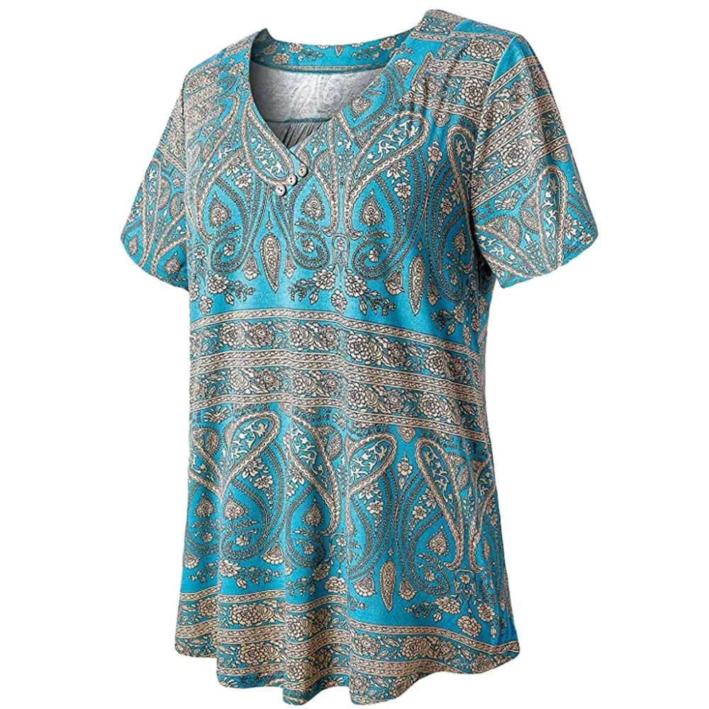 Fashion 2020 Summer Boho Floral Printed Loose Beach Party Shirt Women Casual V-Neck Button Short Sleeve T hot sale | Женская одежда
