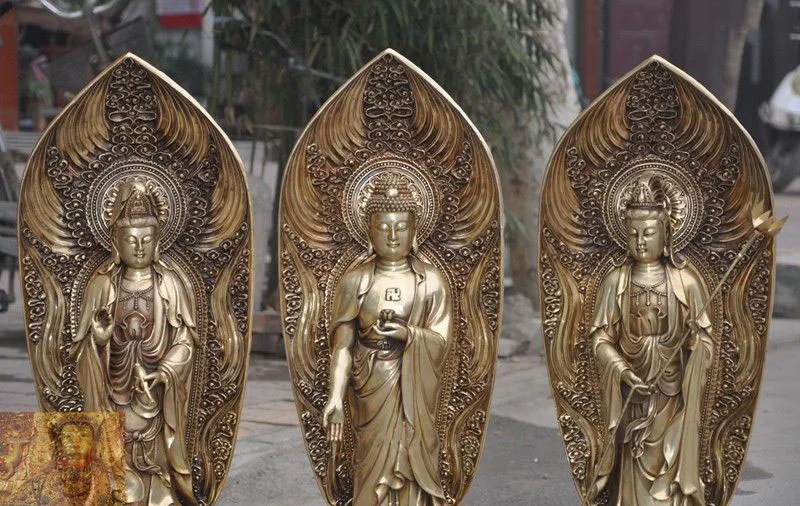 Рождество Тибет буддизм медный Shakyamuni Kwan Yin Гуаньинь 3 Бог Будда статуя Набор Новый