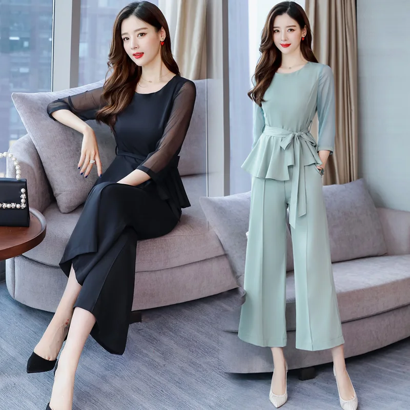 Весенние Женский комплект 2 шт. широкие брюки палаццо Pantalon Femme Conjunto Feminino летний