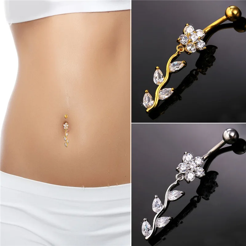 Collare Crystal Long Belly Button Ring Rose For Women Party Yellow Gold/Silver Color Navel Body Charm Jewelry DB114 |