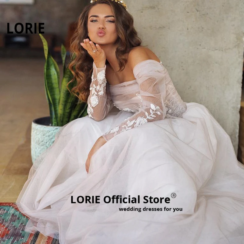 Кружевное платье LORIE с тюлевым поясом а-силуэта свадебное пляжное длинным