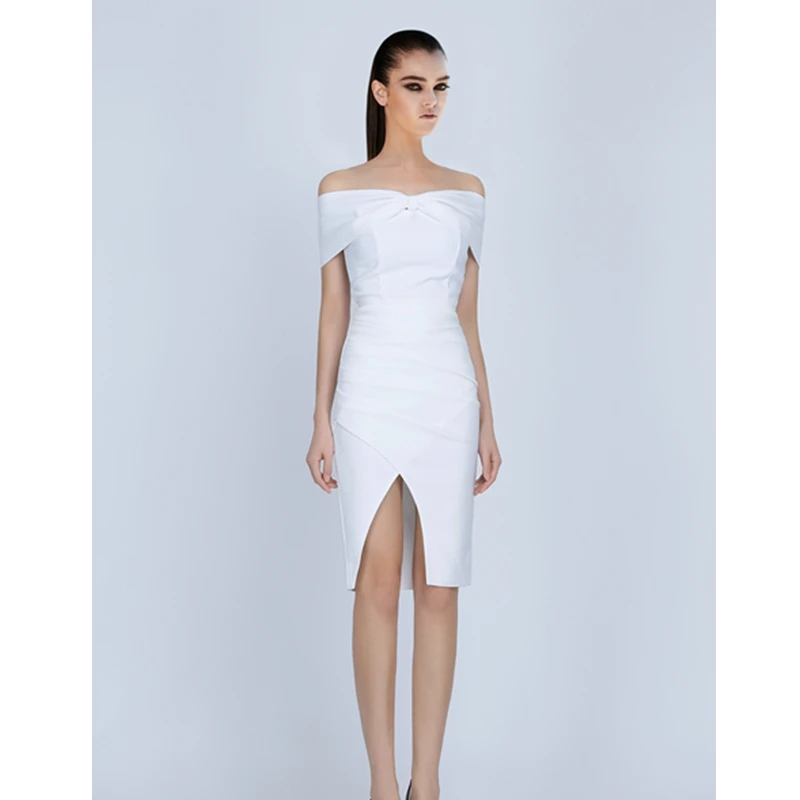 Женское Бандажное платье белое с коротким рукавом и открытыми плечами 2019|Женские