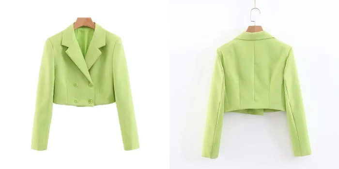 NSZ женский укороченный пиджак Feminino с длинным рукавом, двубортный неоновый зеленый короткий жакет, пальто для девушек, Офисная верхняя одежда, болеро