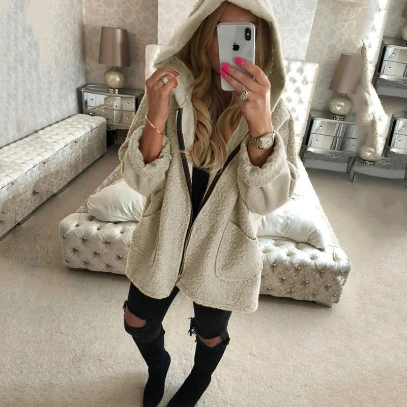 SHIBEVER New loose autumn women jacket fashion fur coat hooded Zipper causal black female Outerwear NDR96 | Женская одежда