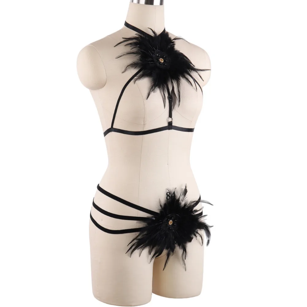 Sexy Lingerie Open Chest Feather Cage Bra Harness Fetish Wear Bottom Panties Body Bondage suit | Женская одежда