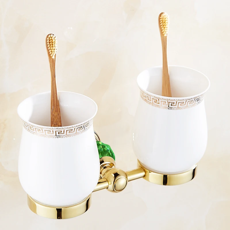 double cup holder Европейский стиль, Золотой Зеленый Кристалл, вешалка для полотенец, мыльная сетка, медные кольца для полотенец, аксессуары для ванной комнаты - Цвет: double cup holder