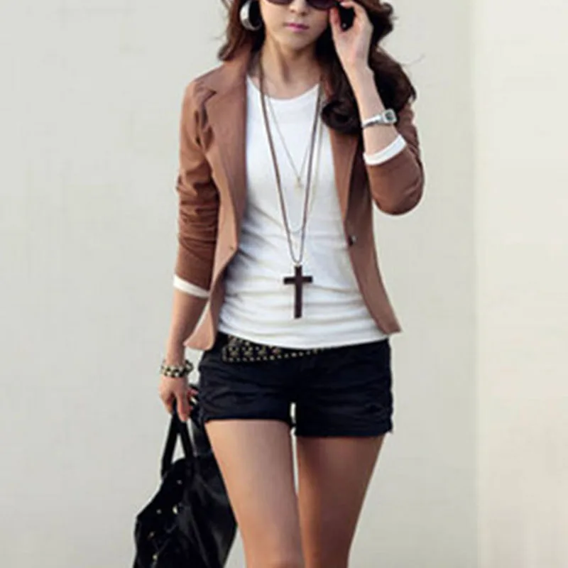 Короткие однотонные облегающие блейзеры с отложным воротником для женщин модные