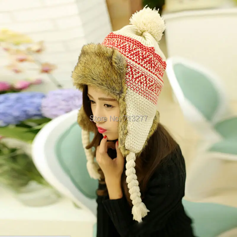 HT408 модные вязаные зимние шапки с ушами женская шапка-бомбер из искусственного
