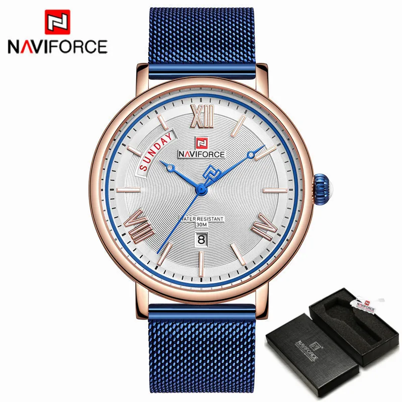 Rose Blue with Box NAVIFORCE часы мужские модные деловые часы мужские повседневные водонепроницаемые кварцевые наручные часы синие стальные сетчатые часы Relogio Masculino - Цвет: Rose Blue with Box