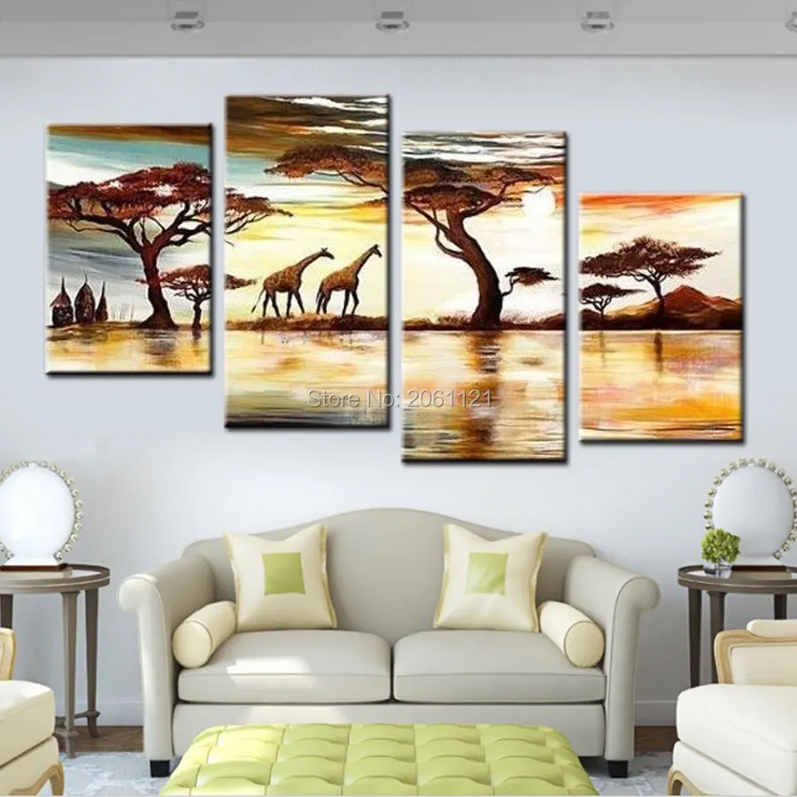 

Hand painted African forest grassland giraffes landscape home Decor Oil Painting on canvas 4 piece artwork sets