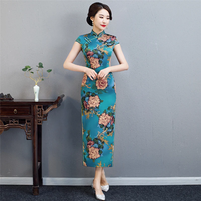 Женское платье Ципао длинное с коротким рукавом в китайском стиле обтягивающее