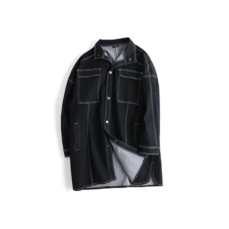 

Tide brand Large size Men's Denim jacket Fashion Casual Black Large Pocket Denim jacket long Single Layer Lapel jacket Size 6XL