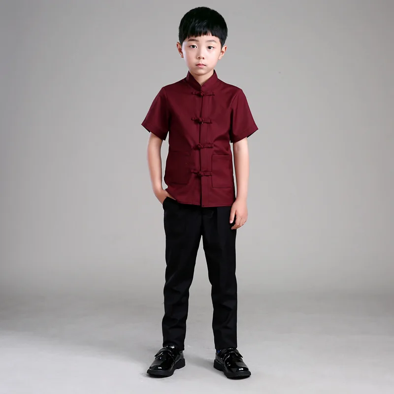

Chinese Folk Dance Short Sleeve Tang Suit 2 Pcs for Boys Chinese Sets Dance Kungfu Suits Darncewear
