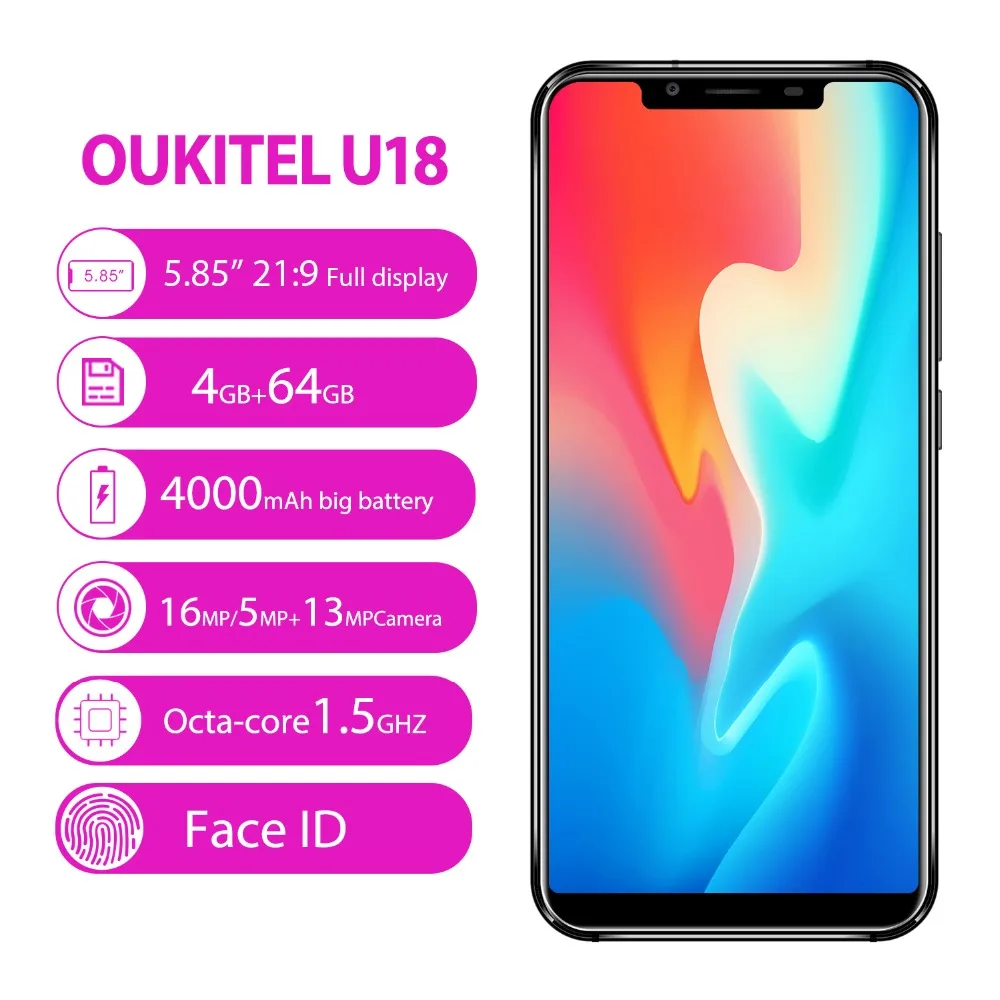 Oukitel U18 5 85 ''HD 21:9 полный Дисплей Face ID 4 Гб Оперативная память 64 Встроенная MT6750T