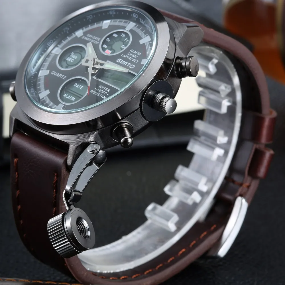 2016 горячая марка GIMTO кварцевые цифровые спортивные часы мужчины кожа нейлон из