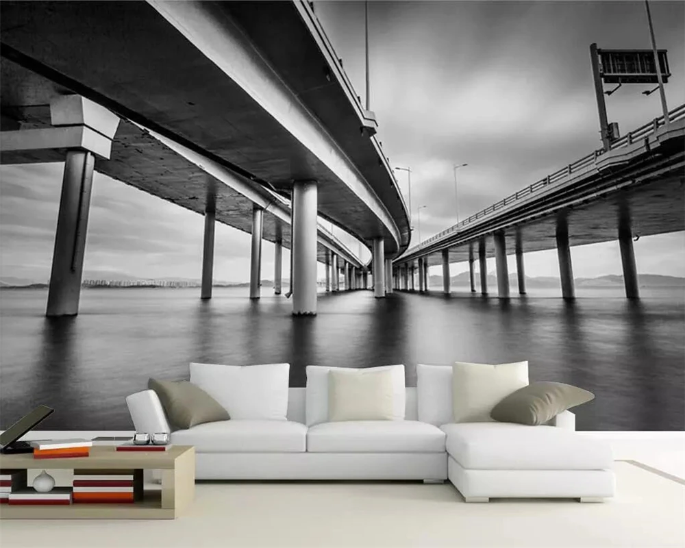 

beibehang Custom mural high-end black and white landscape bridge modern minimalist living room bedroom TV background mural