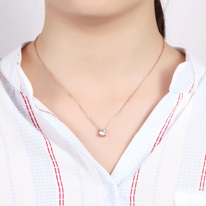Beautiful Titanium Steel Rose Gold Square Inlay Shiny Crystal Pendant Necklace Love Jewelry Gift Woman Wholesale | Украшения и