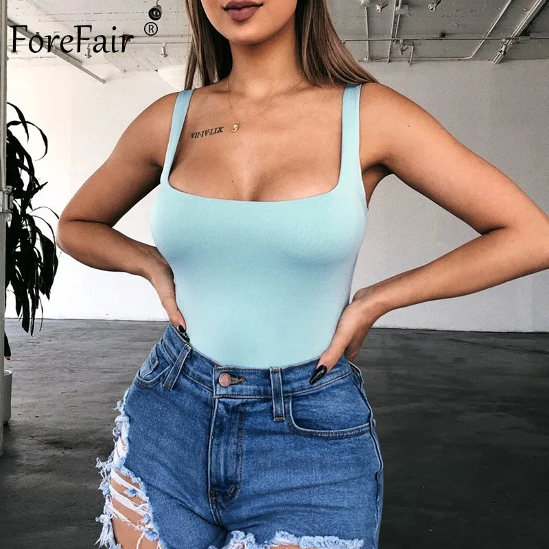 Light Blue Bodysuit Forefair неоновый летний Боди Топ летний квадратный вырез базовый женский комбинезон без рукавов s сексуальный Облегающий комбинезон женский боди - Цвет: Light Blue Bodysuit