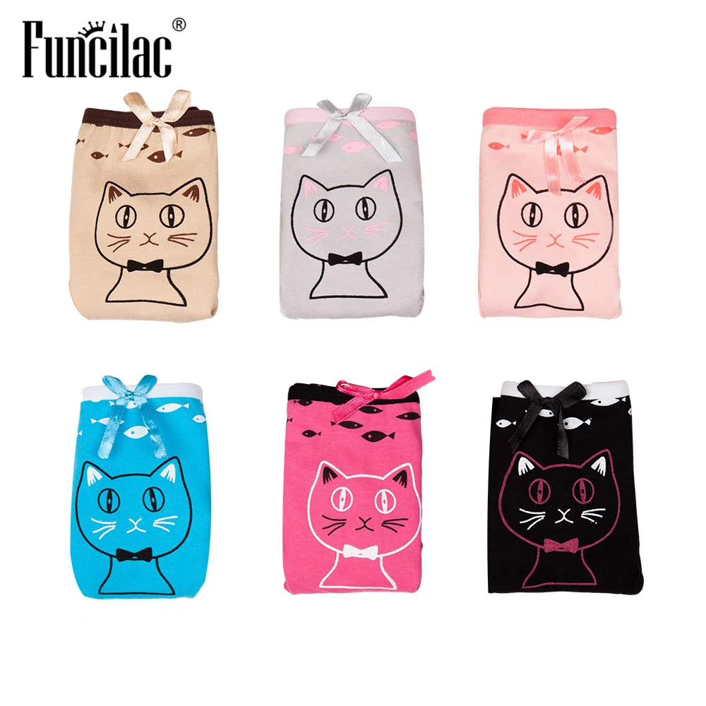 FUNCILAC нижнее белье Для женщин Kawaii с рисунком котенка Принт трусики сексуальные