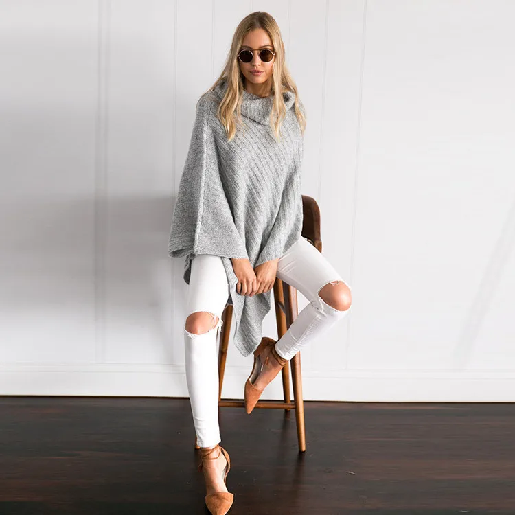 Pullovers Scarf collar Batwing Sleeve Wool Sweater women loose long sleeve Knitted casual solid Fashion cloak cape sweaters | Женская