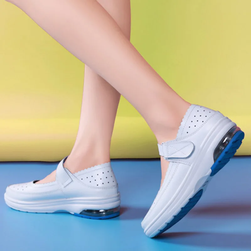 Genuine Leather Women Flat Platform Shoes Round Toe White Nurse Work Shoes Woman Cut-out Female Loafers Moccasins Shoes Big Size