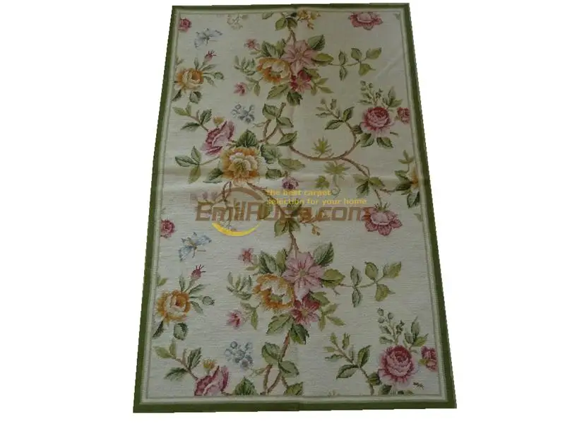 

Completed Hand Crafted Needlepoint Colorful Floral Orbusson Oriental Embroidered Carpet With Interwoven Woollen Wreath