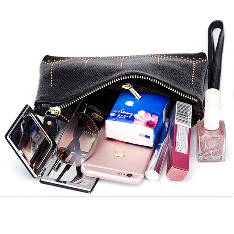 Последняя кожа Сумочка Модные маленькие заклепки сплошной цвет обувь на молнии