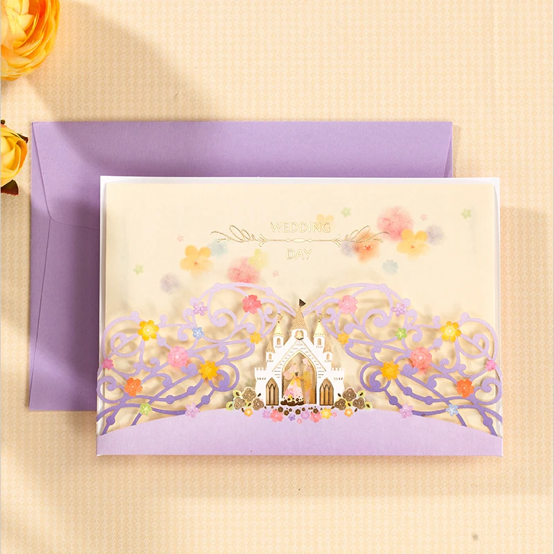 50 шт./лот романтический фиолетовый Замок Свадебные Приглашения элегантный