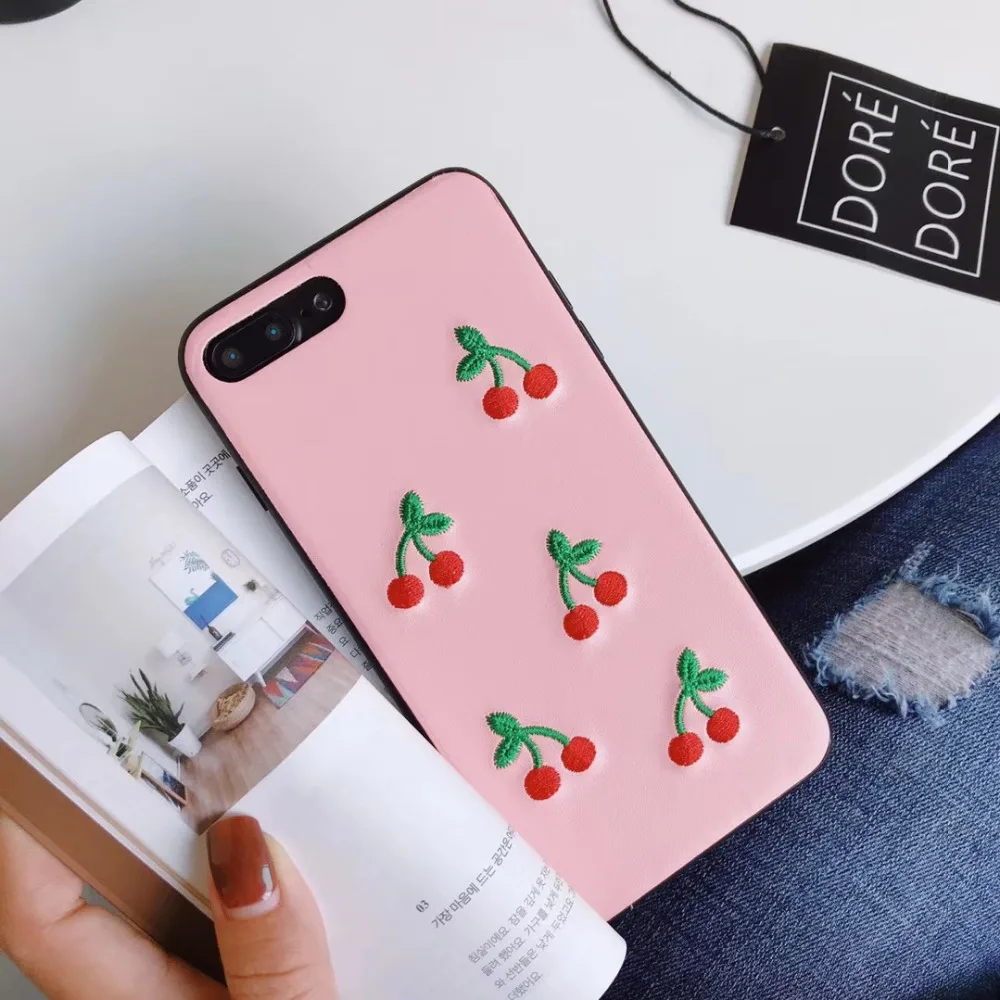 Fashion Artsy Korean Exquisite Fresh Embroidery Fruit Strawberry Cherry Candy Color Warm Phone Case For IphoneXS/6/7/8plus |