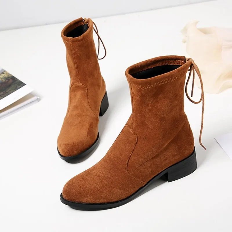 

2018 Womens Round Toe Flock MId-calf Slip-on Chelsea Flat Boots Shoes
